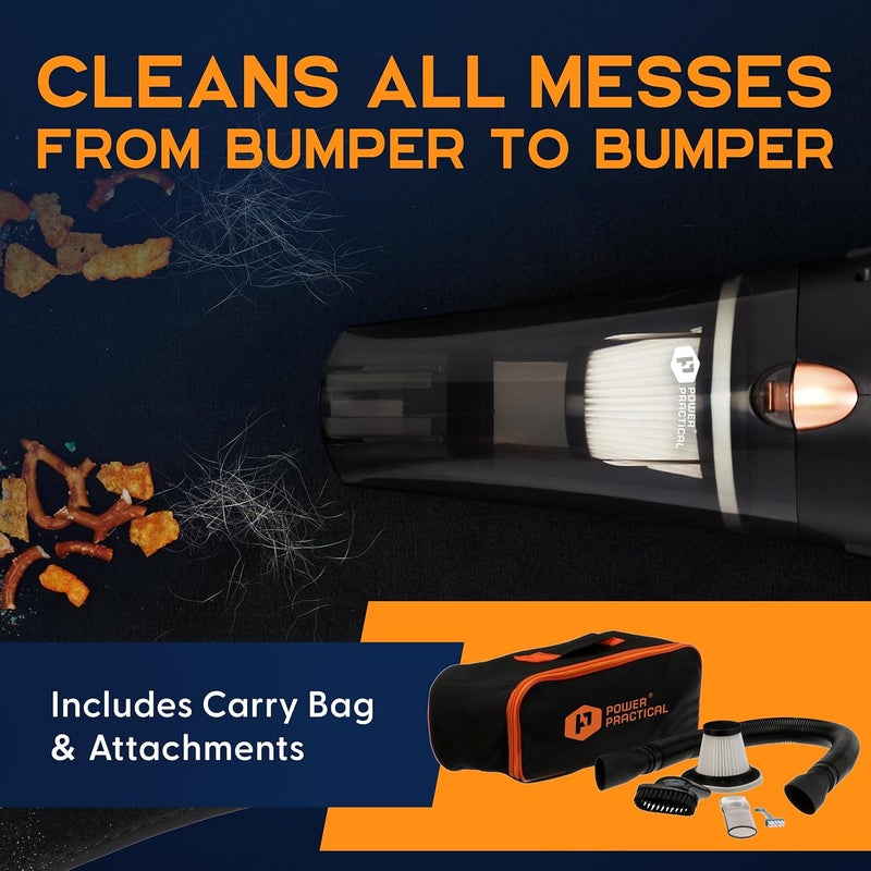 Power Practical THISWORX Car Vacuum Cleaner - Portable, High Power, Handheld Vacuums w/ 3 Attachments, 16 Ft Cord & Bag - 12v, Auto Accessories Kit for Interior Detailing - Black - Image 2